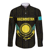 Kazakhstan National Emblem Long Sleeve Button Shirt with Black Tribal Pattern and Sun Eagle Motif