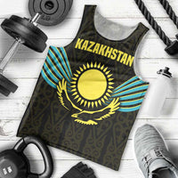 Kazakhstan National Emblem Men Tank Top with Black Tribal Pattern and Sun Eagle Motif
