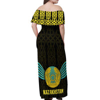 Kazakhstan National Emblem Off Shoulder Maxi Dress with Black Tribal Pattern and Sun Eagle Motif