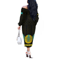 Kazakhstan National Emblem Off The Shoulder Long Sleeve Dress with Black Tribal Pattern and Sun Eagle Motif