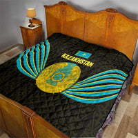 Kazakhstan National Emblem Quilt with Black Tribal Pattern and Sun Eagle Motif
