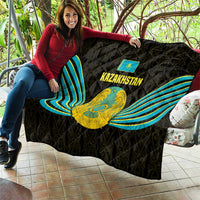 Kazakhstan National Emblem Quilt with Black Tribal Pattern and Sun Eagle Motif