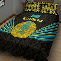 Kazakhstan National Emblem Quilt Bed Set with Black Tribal Pattern and Sun Eagle Motif