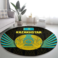 Kazakhstan National Emblem Round Carpet with Black Tribal Pattern and Sun Eagle Motif