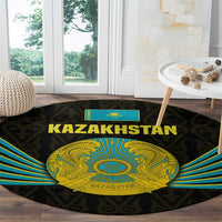 Kazakhstan National Emblem Round Carpet with Black Tribal Pattern and Sun Eagle Motif