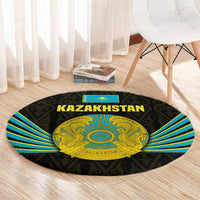 Kazakhstan National Emblem Round Carpet with Black Tribal Pattern and Sun Eagle Motif