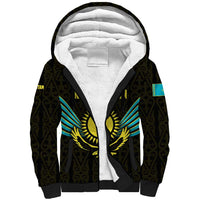 Kazakhstan National Emblem Sherpa Hoodie with Black Tribal Pattern and Sun Eagle Motif