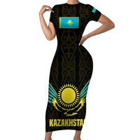 Kazakhstan National Emblem Short Sleeve Bodycon Dress with Black Tribal Pattern and Sun Eagle Motif