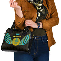 Kazakhstan National Emblem Shoulder Handbag with Black Tribal Pattern and Sun Eagle Motif