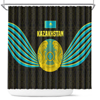 Kazakhstan National Emblem Shower Curtain with Black Tribal Pattern and Sun Eagle Motif