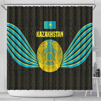 Kazakhstan National Emblem Shower Curtain with Black Tribal Pattern and Sun Eagle Motif