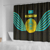 Kazakhstan National Emblem Shower Curtain with Black Tribal Pattern and Sun Eagle Motif