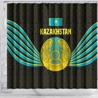 Kazakhstan National Emblem Shower Curtain with Black Tribal Pattern and Sun Eagle Motif