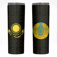 Kazakhstan National Emblem Skinny Tumbler with Black Tribal Pattern and Sun Eagle Motif