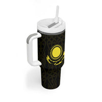 Kazakhstan National Emblem Tumbler With Handle with Black Tribal Pattern and Sun Eagle Motif