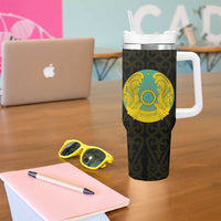 Kazakhstan National Emblem Tumbler With Handle with Black Tribal Pattern and Sun Eagle Motif