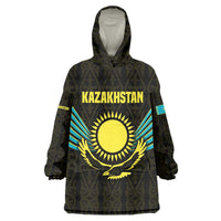 Kazakhstan National Emblem Wearable Blanket Hoodie with Black Tribal Pattern and Sun Eagle Motif