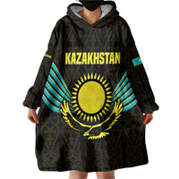 Kazakhstan National Emblem Wearable Blanket Hoodie with Black Tribal Pattern and Sun Eagle Motif