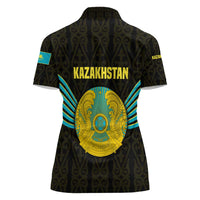 Kazakhstan National Emblem Women Polo Shirt with Black Tribal Pattern and Sun Eagle Motif