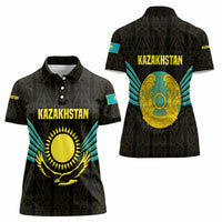 Kazakhstan National Emblem Women Polo Shirt with Black Tribal Pattern and Sun Eagle Motif
