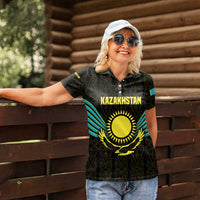 Kazakhstan National Emblem Women Polo Shirt with Black Tribal Pattern and Sun Eagle Motif