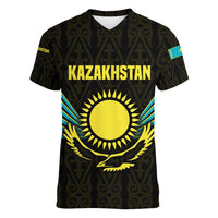 Kazakhstan National Emblem Women V-Neck T-Shirt with Black Tribal Pattern and Sun Eagle Motif