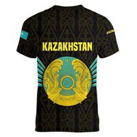 Kazakhstan National Emblem Women V-Neck T-Shirt with Black Tribal Pattern and Sun Eagle Motif