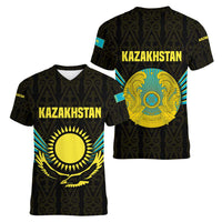 Kazakhstan National Emblem Women V-Neck T-Shirt with Black Tribal Pattern and Sun Eagle Motif