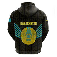 Kazakhstan National Emblem Zip Hoodie with Black Tribal Pattern and Sun Eagle Motif