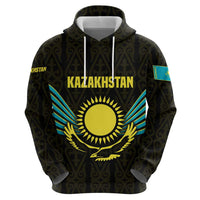 Kazakhstan National Emblem Zip Hoodie with Black Tribal Pattern and Sun Eagle Motif