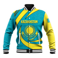 Kazakhstan National Flag Baseball Jacket with Mangilik El Bald Eagle and Blue Tribal Pattern