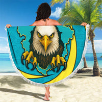 Kazakhstan National Flag Beach Blanket with Mangilik El Bald Eagle and Blue Tribal Pattern