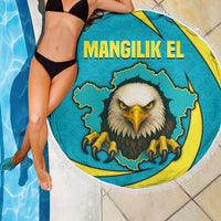 Kazakhstan National Flag Beach Blanket with Mangilik El Bald Eagle and Blue Tribal Pattern
