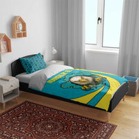 Kazakhstan National Flag Bedding Set with Mangilik El Bald Eagle and Blue Tribal Pattern
