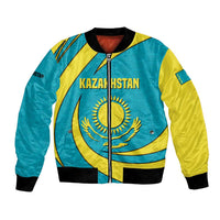 Kazakhstan National Flag Bomber Jacket with Mangilik El Bald Eagle and Blue Tribal Pattern