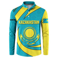 Kazakhstan National Flag Button Sweatshirt with Mangilik El Bald Eagle and Blue Tribal Pattern