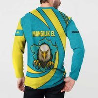 Kazakhstan National Flag Button Sweatshirt with Mangilik El Bald Eagle and Blue Tribal Pattern