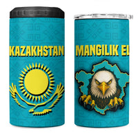 Kazakhstan National Flag 4 in 1 Can Cooler Tumbler with Mangilik El Bald Eagle and Blue Tribal Pattern