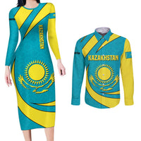 Kazakhstan National Flag Couples Matching Long Sleeve Bodycon Dress and Long Sleeve Button Shirt with Mangilik El Bald Eagle and Blue Tribal Pattern