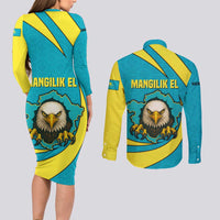 Kazakhstan National Flag Couples Matching Long Sleeve Bodycon Dress and Long Sleeve Button Shirt with Mangilik El Bald Eagle and Blue Tribal Pattern