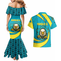 Kazakhstan National Flag Couples Matching Mermaid Dress and Hawaiian Shirt with Mangilik El Bald Eagle and Blue Tribal Pattern