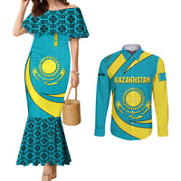 Kazakhstan National Flag Couples Matching Mermaid Dress and Long Sleeve Button Shirt with Mangilik El Bald Eagle and Blue Tribal Pattern