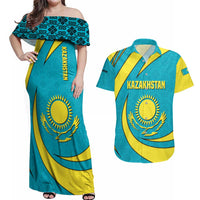Kazakhstan National Flag Couples Matching Off Shoulder Maxi Dress and Hawaiian Shirt with Mangilik El Bald Eagle and Blue Tribal Pattern