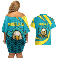 Kazakhstan National Flag Couples Matching Off Shoulder Short Dress and Hawaiian Shirt with Mangilik El Bald Eagle and Blue Tribal Pattern