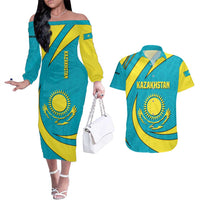 Kazakhstan National Flag Couples Matching Off The Shoulder Long Sleeve Dress and Hawaiian Shirt with Mangilik El Bald Eagle and Blue Tribal Pattern