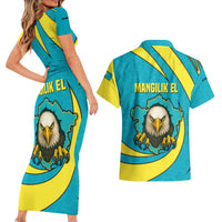 Kazakhstan National Flag Couples Matching Short Sleeve Bodycon Dress and Hawaiian Shirt with Mangilik El Bald Eagle and Blue Tribal Pattern