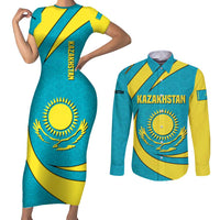 Kazakhstan National Flag Couples Matching Short Sleeve Bodycon Dress and Long Sleeve Button Shirt with Mangilik El Bald Eagle and Blue Tribal Pattern