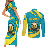 Kazakhstan National Flag Couples Matching Short Sleeve Bodycon Dress and Long Sleeve Button Shirt with Mangilik El Bald Eagle and Blue Tribal Pattern