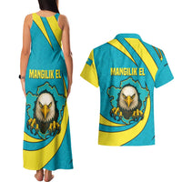 Kazakhstan National Flag Couples Matching Tank Maxi Dress and Hawaiian Shirt with Mangilik El Bald Eagle and Blue Tribal Pattern