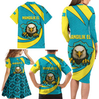 Kazakhstan National Flag Family Matching Long Sleeve Bodycon Dress and Hawaiian Shirt with Mangilik El Bald Eagle and Blue Tribal Pattern